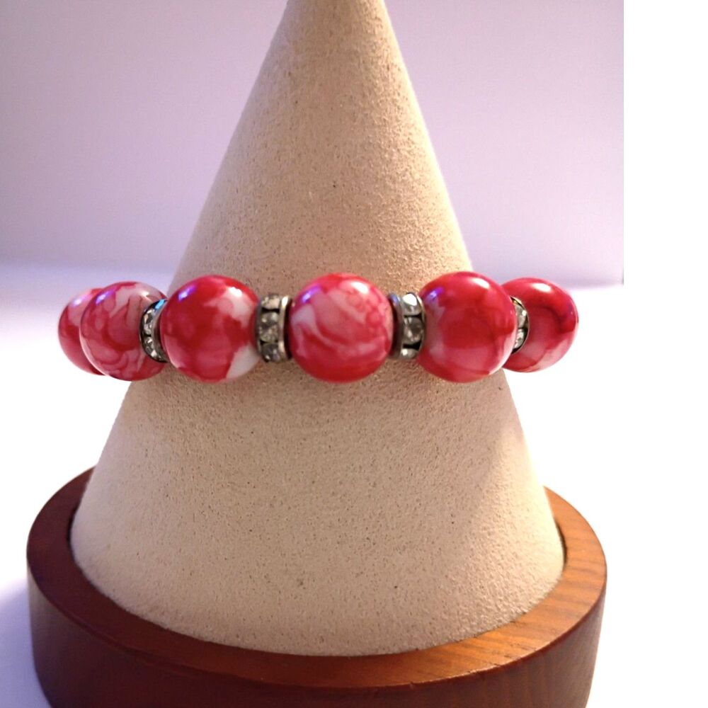 Beautiful Fire Red Glass Beaded Bracelet with Rhinestone Rondel Spacers Holidays
